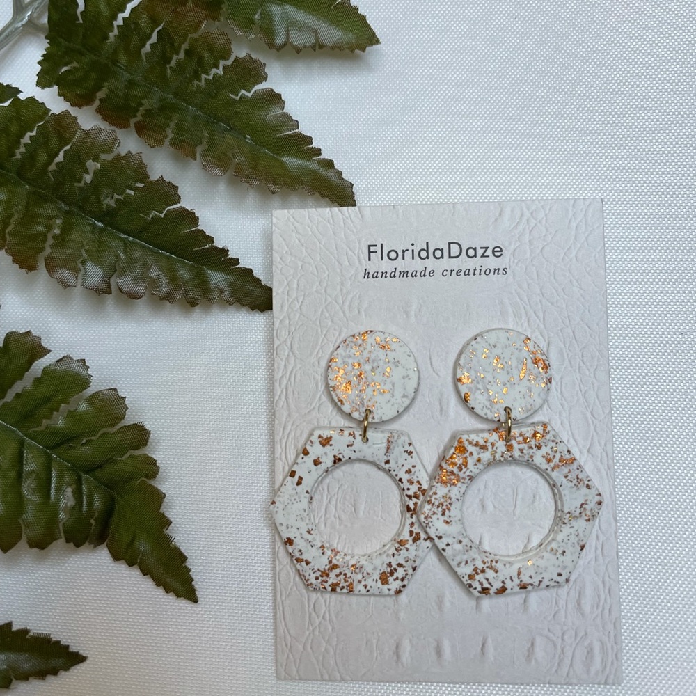 Bronze/ white Hex Polymer Clay Earrings